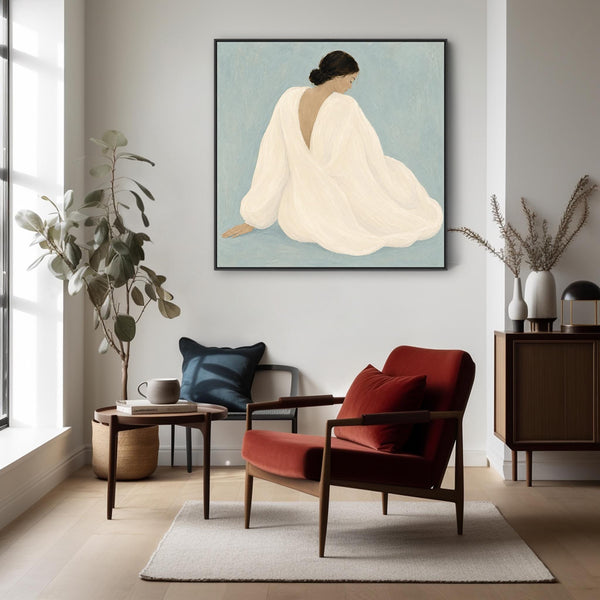 Framed Artwork - Woman Empowerment Contemplation - White Dress 1 - Blue