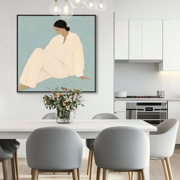 Framed Canvas - Feminine Empowerment Contemplation - White Dress 2 - Blue