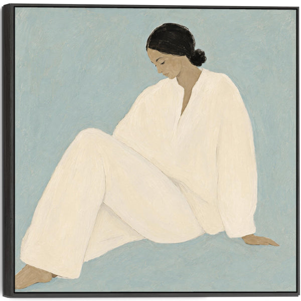 Framed Canvas - Feminine Empowerment Contemplation - White Dress 2 - Blue