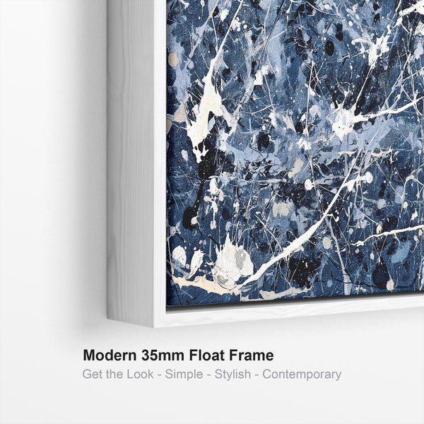 Dark Navy Blue White Framed Wall Art - Jackson Pollock Style