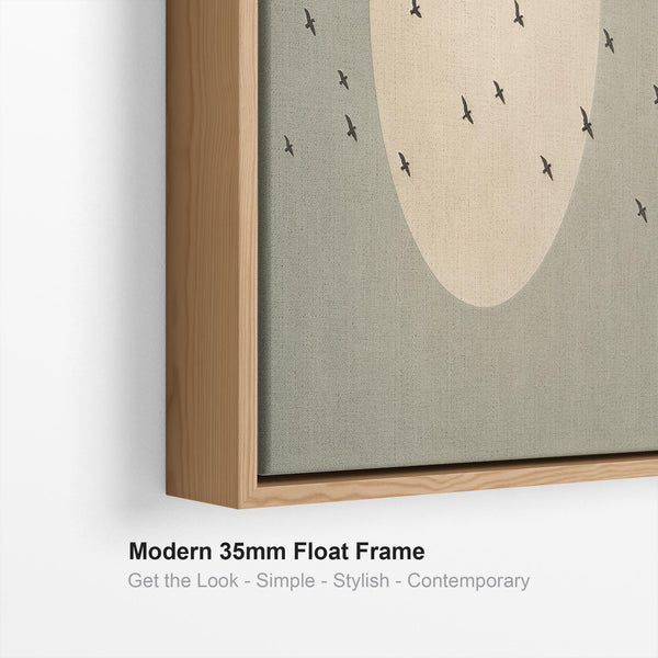 Sage Green Framed Canvas - Japandi Birds - Olive Tones