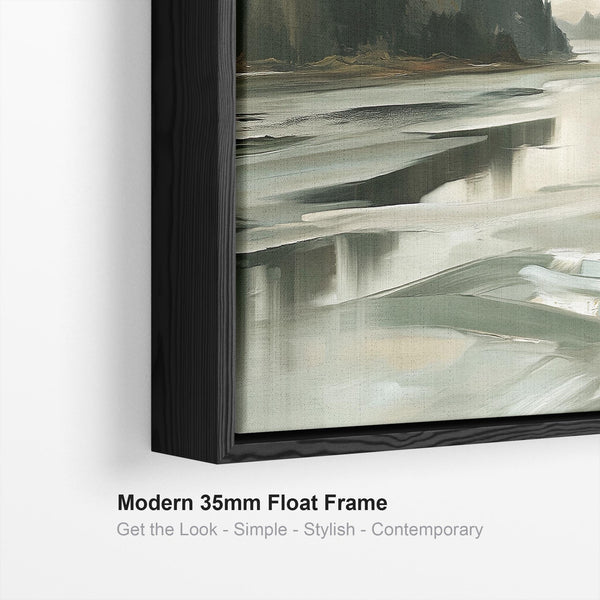 Wide Sage Green Grey Framed long Canvas Print - Alnmouth Drift