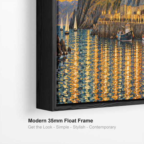 Wide Gustav Klimt inspired Long Wall Art Golden Cornish Harbour