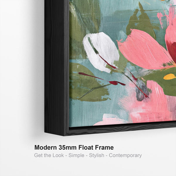 Square Pink Green Abstract Floral Canvas Framed Wall Art