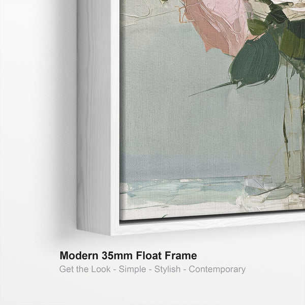 Large Pink Green Abstract Framed Canvas Wall Art - Floral Vase