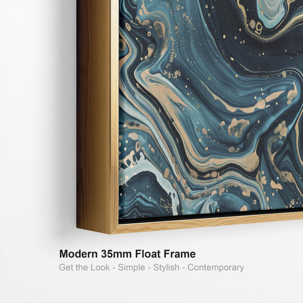 Teal Gold Abstract Framed Canvas Wall Art - Celestial Flow for Living Room