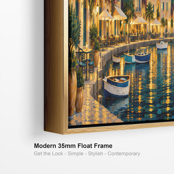 Wide Gustav Klimt inspired Framed Art Golden Blue Greek Harbour