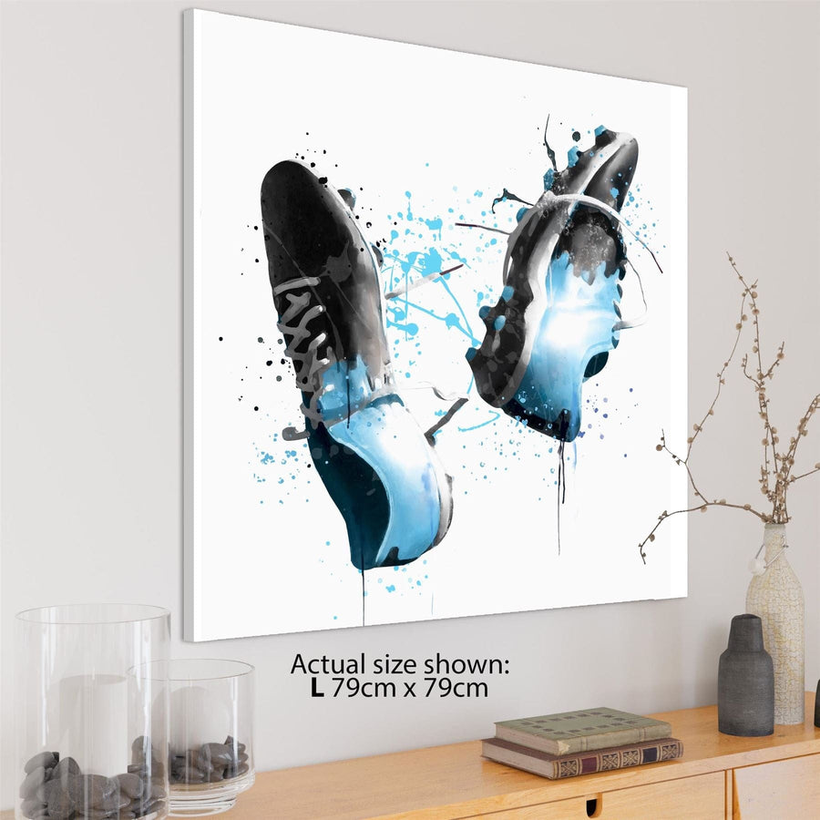 Soccer Football Boots Canvas Wall Art Picture Light Blue Black