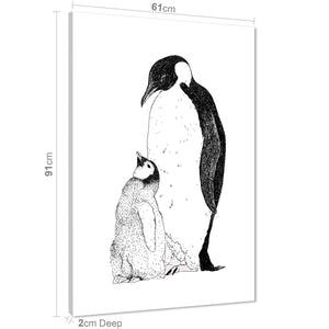Baby Penguin with Mother Canvas Art Prints - Black and White