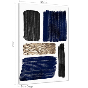 Abstract Blue Black Gold Brushstrokes Watercolour Canvas Art Pictures
