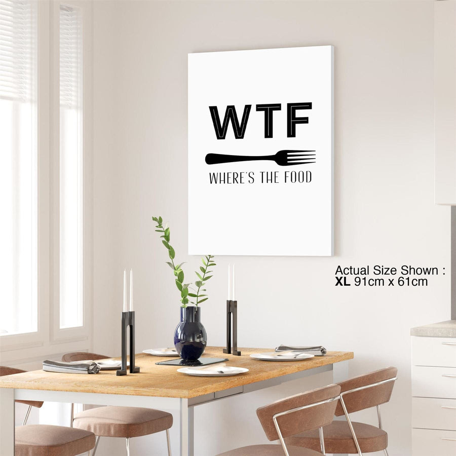 Kitchen Canvas Wall Art Picture WTF Wheres the Food Quote Black and White
