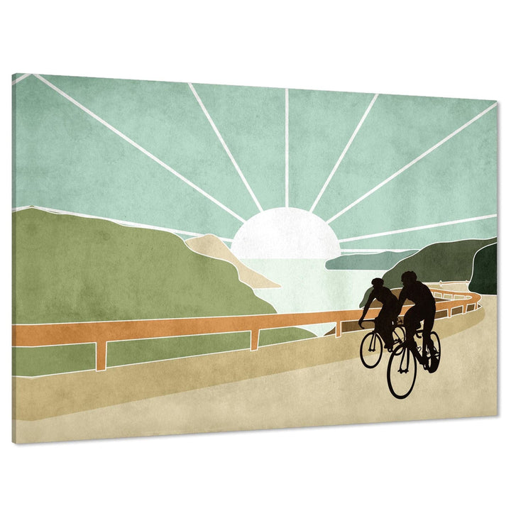 Sunset Cycling Retro Canvas Wall Art Picture Turquoise Green - 1RL976M