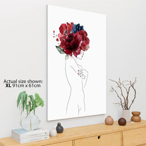 Red Blue Woman with Flowers Drawing Floral Canvas Art Prints