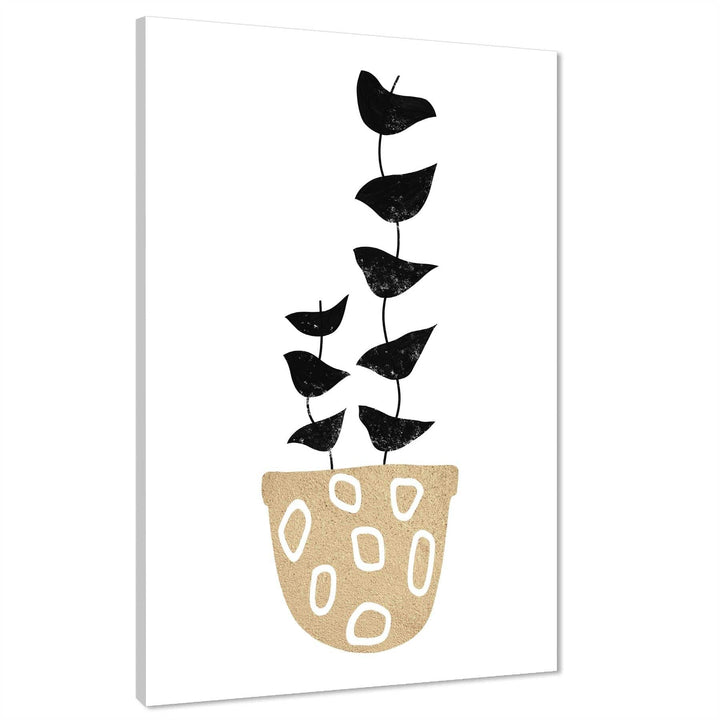 Black Beige Leaves in Flower Pot Floral Canvas Wall Art Print - 1RP1577M