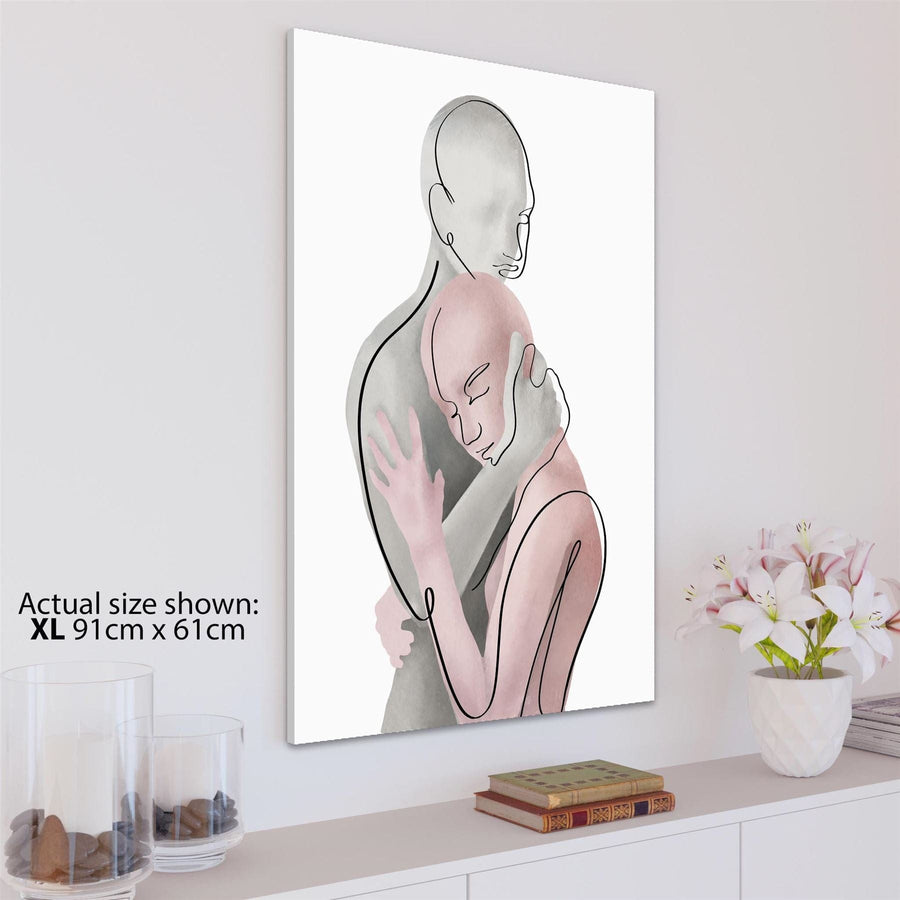 Pink Grey Figurative Romantic Couple Embrace Canvas Art Pictures