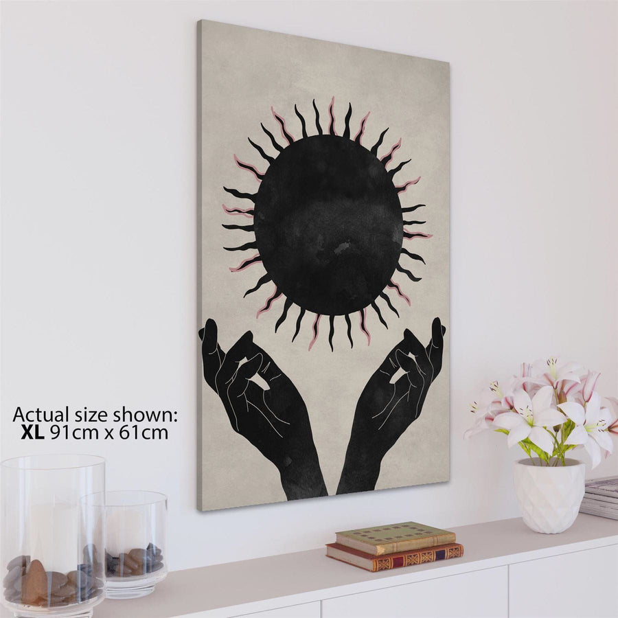 Black Pink Sun and Hands Canvas Wall Art Picture