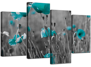 Teal Poppy Grey Black Poppies Flower Floral Canvas - 4 Part Set - 130cm - 4139