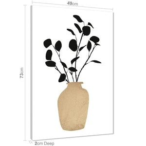 Black Beige Leaves in Vase Floral Canvas Wall Art Print