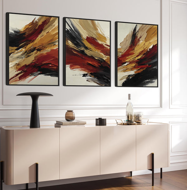 Rust Red Mustard Set of 3 Abstract Framed Canvas - Fiery Strokes