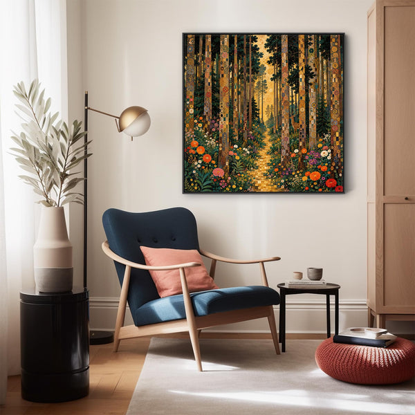 Forest Light Gustav Klimt inspired Framed Canvas - Green Gold