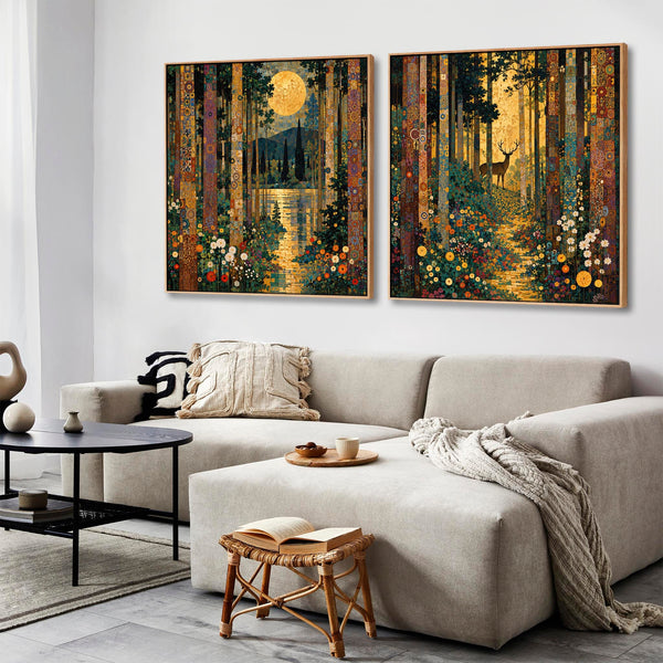 Set 2 Gustav Klimt inspired Framed Art Canvases Forest Pathway