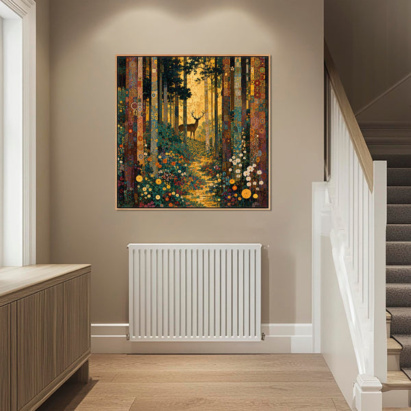 Big Gustav Klimt inspired Framed Trees Canvas Art - Forest Stag