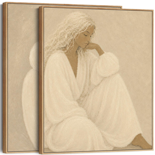 Pair of Framed Bedroom Art - Thoughtful Moment - Neutral Beige - Set of 2