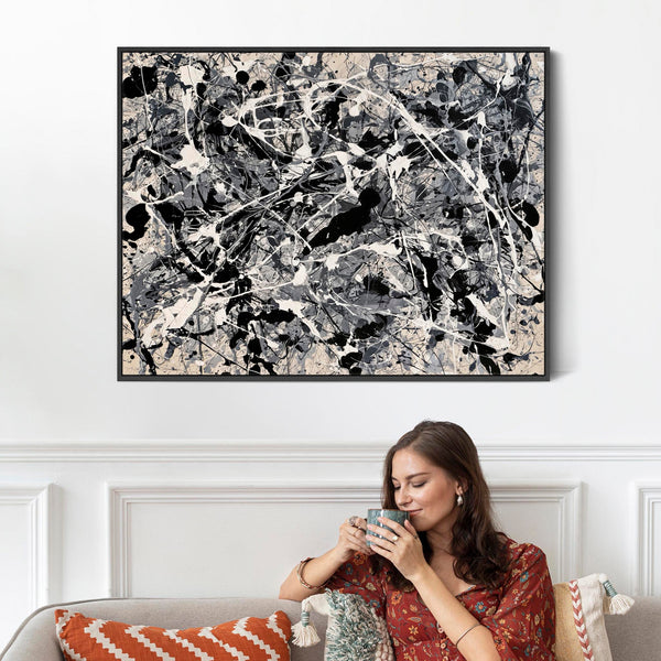Abstract Living Room Framed Canvas Picture - Beige Black - Sway