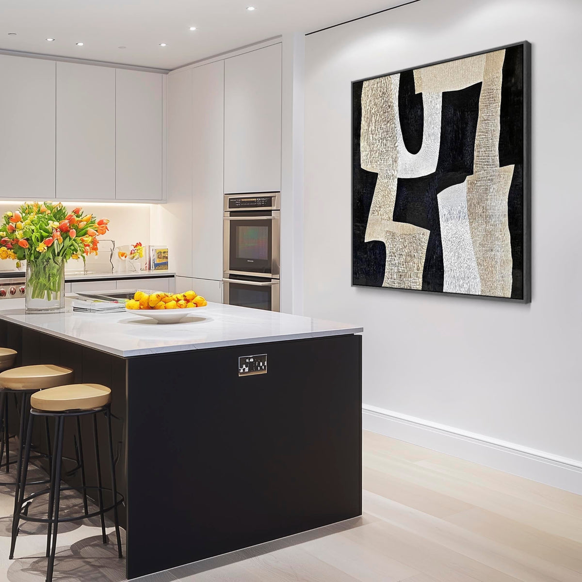 Kitchen Artwork Print Framed Canvas Abstract Beige Cream Black ...