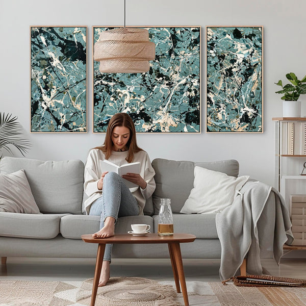 Extra Large Framed Set 3 Canvas - Green Jackson Pollock Style