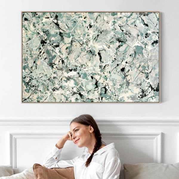 Light Sage Green Abstract Framed Art Jackson Pollock Inspired