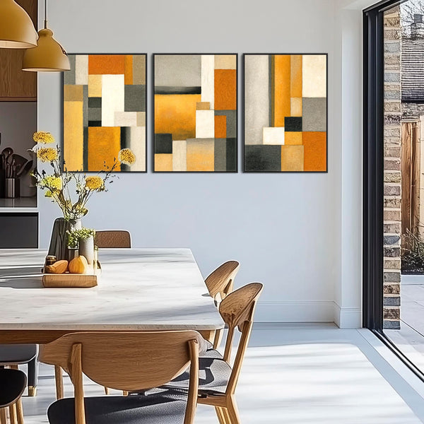 Set of 3 Mustard Yellow Orange Abstract Wall Art Framed - Geometric Warmth