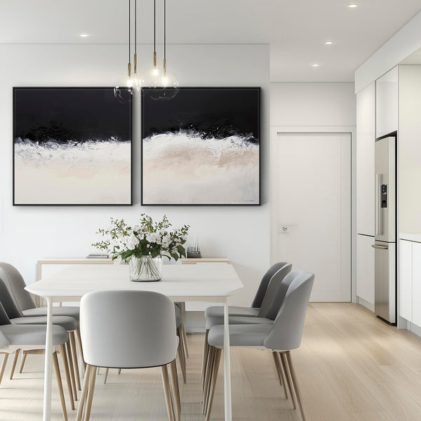 Large Set of 2 Framed Wall Art Canvas Print of Cream Neutral Black Abstract Shores
