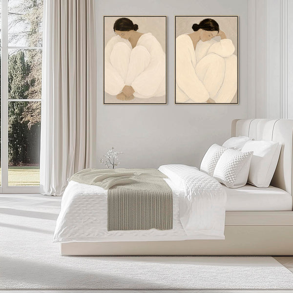 Pair of Framed Bedroom Art - Serene Silence - Neutral Beige - Set of 2