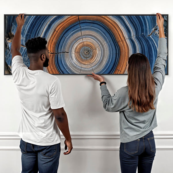 Wide Colourful Blue Tree Rings Framed Horizontal Canvas Art
