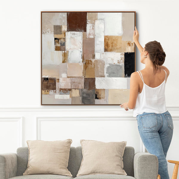 Living Room Canvas Picture - Framed Lounge Art Coffee & Cream