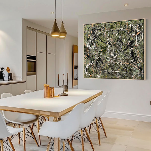 Kitchen Wall Art - Framed Jackson Pollock Style - Sage Abstract