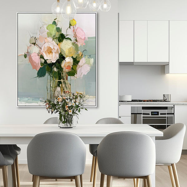 Large Pink Green Abstract Framed Canvas Wall Art - Floral Vase
