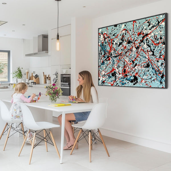 Framed Abstract Canvas Duck Egg Blue Jackson Pollock Style Art