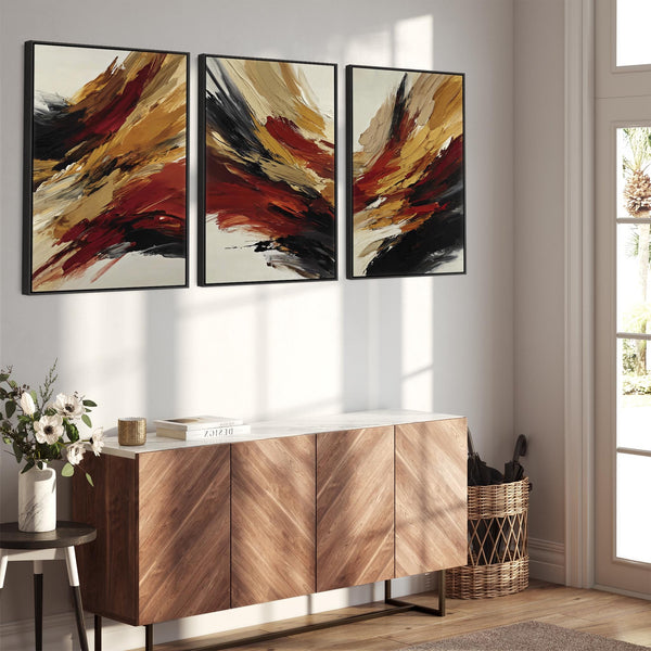 Rust Red Mustard Set of 3 Abstract Framed Canvas - Fiery Strokes