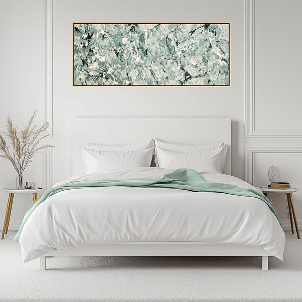 Wide Sage Green Horizontal Canvas - Jackson Pollock Inspired