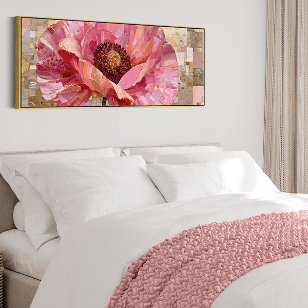 Wide Pink Gold Cream Floral Bedroom Framed Canvas for Over bed