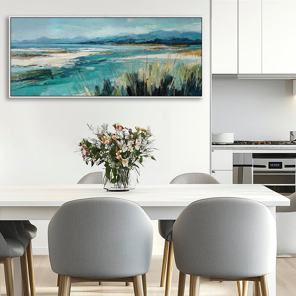 Wide Teal Blue Framed Beach Wall Art on Canvas - Coastal Calm
