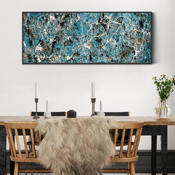 Wide Teal Horizontal Framed Canvas Jackson Pollock Style Art
