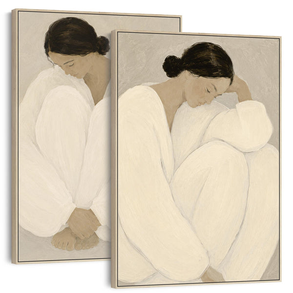 Pair of Framed Bedroom Art - Serene Silence - Neutral Beige - Set of 2
