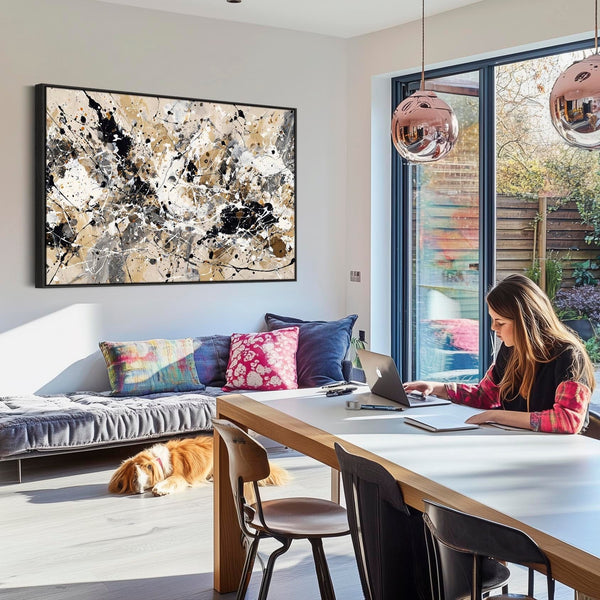 Neutral Black Jackson Pollock Style Abstract Artwork Framed Cream Impact