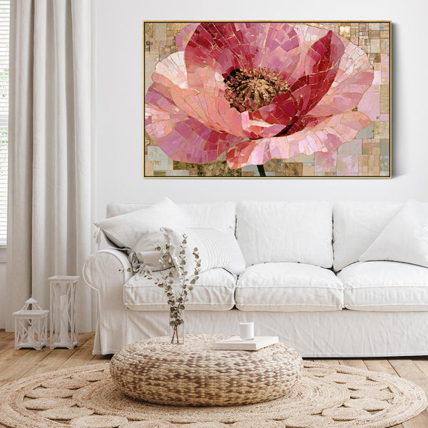 Pink Gold Cream Floral Living Room Framed Canvas for Lounge