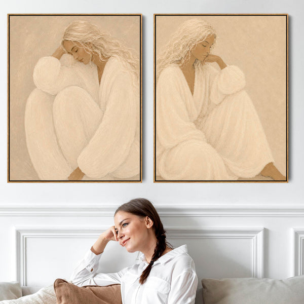 Pair of Framed Bedroom Art - Thoughtful Moment - Neutral Beige - Set of 2