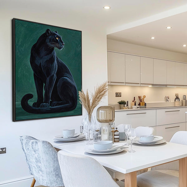 Noir - Black & Emerald Green Panther Cat Framed Wall Art Canvas