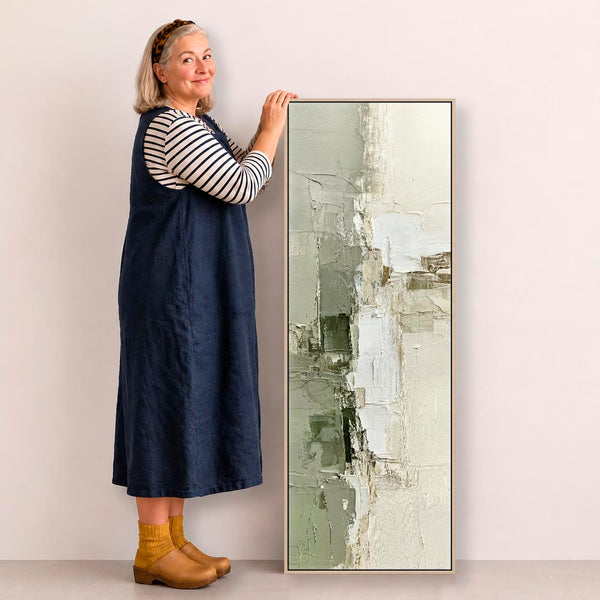 Tall Sage Green Cream Framed Wall Art - Abstract Canvas - Anya